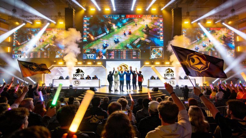 DOTA2国际邀请赛TI12总决赛现场盛况，观众欢呼庆祝精彩镜头
